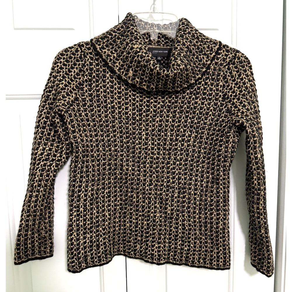 Jones New York Metallic Knit Sweater Sz PL Petite Large Turtle Neck‎ Gold Black